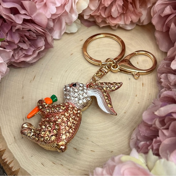 Champagne and Silver Crystal Bunny Rabbit with Carrot Keychain Charm - Picture 6 of 16